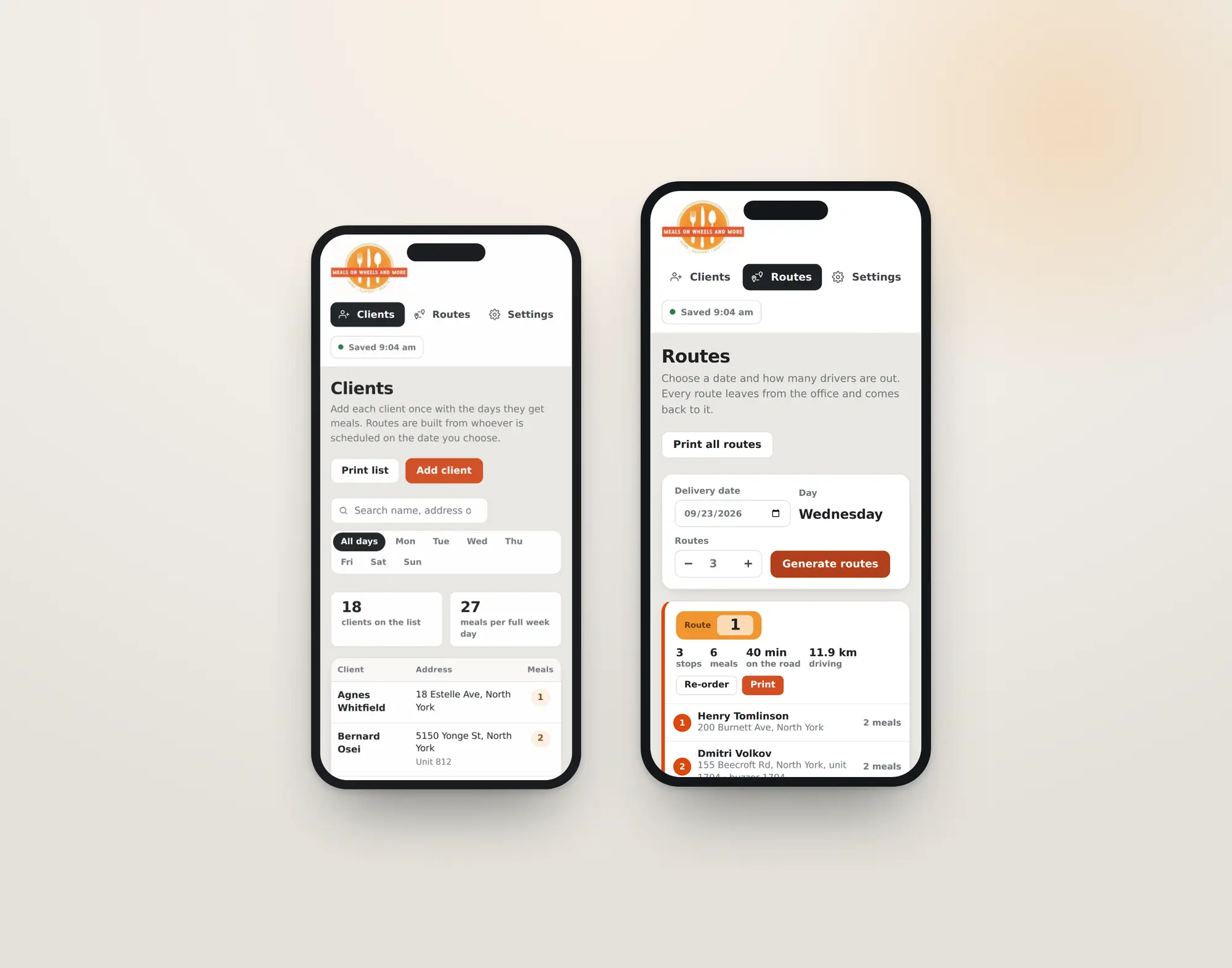 The planner on two phones, showing the client roster and the route generator adapted to a narrow screen