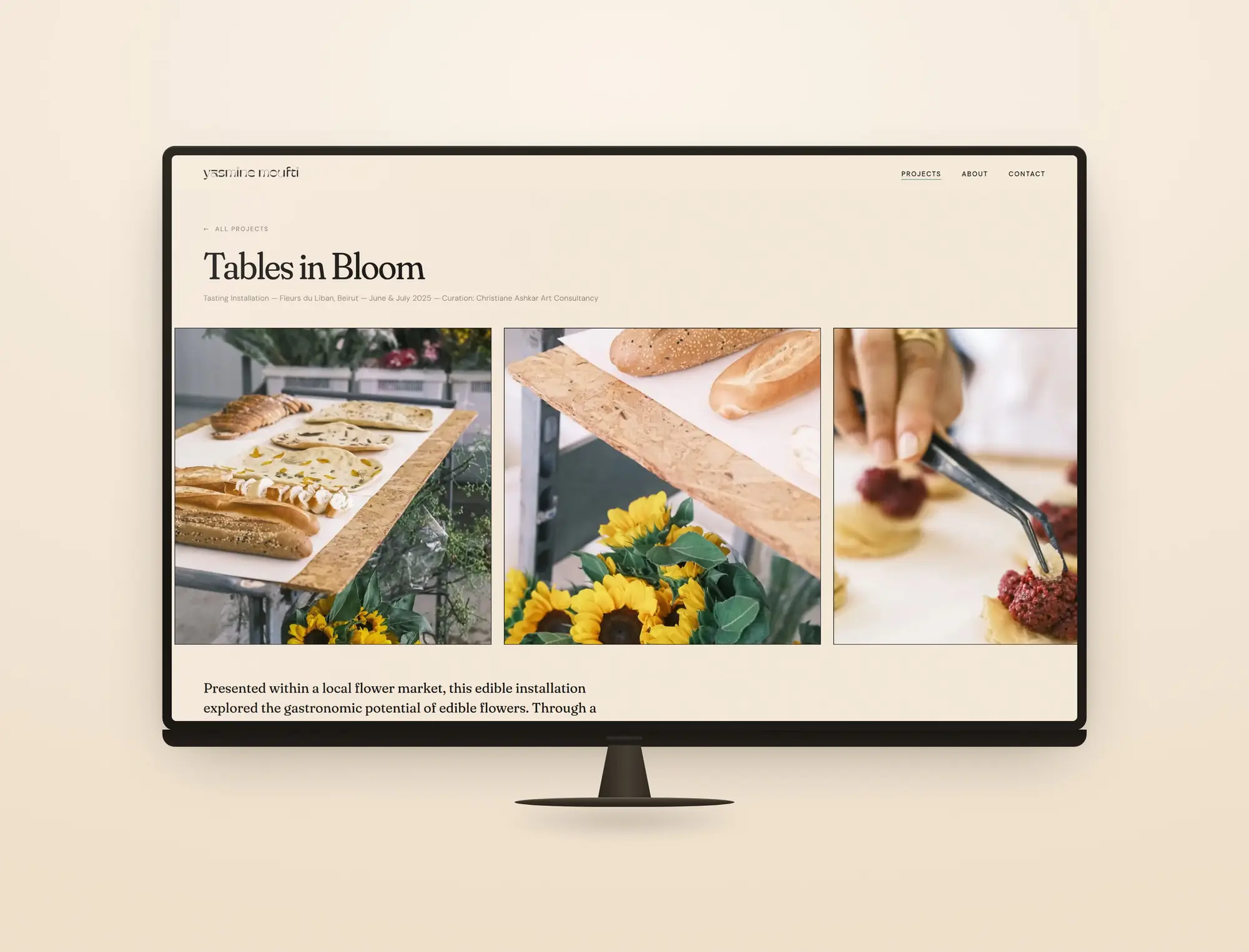 A single project page for Tables in Bloom, an edible installation staged in a flower market