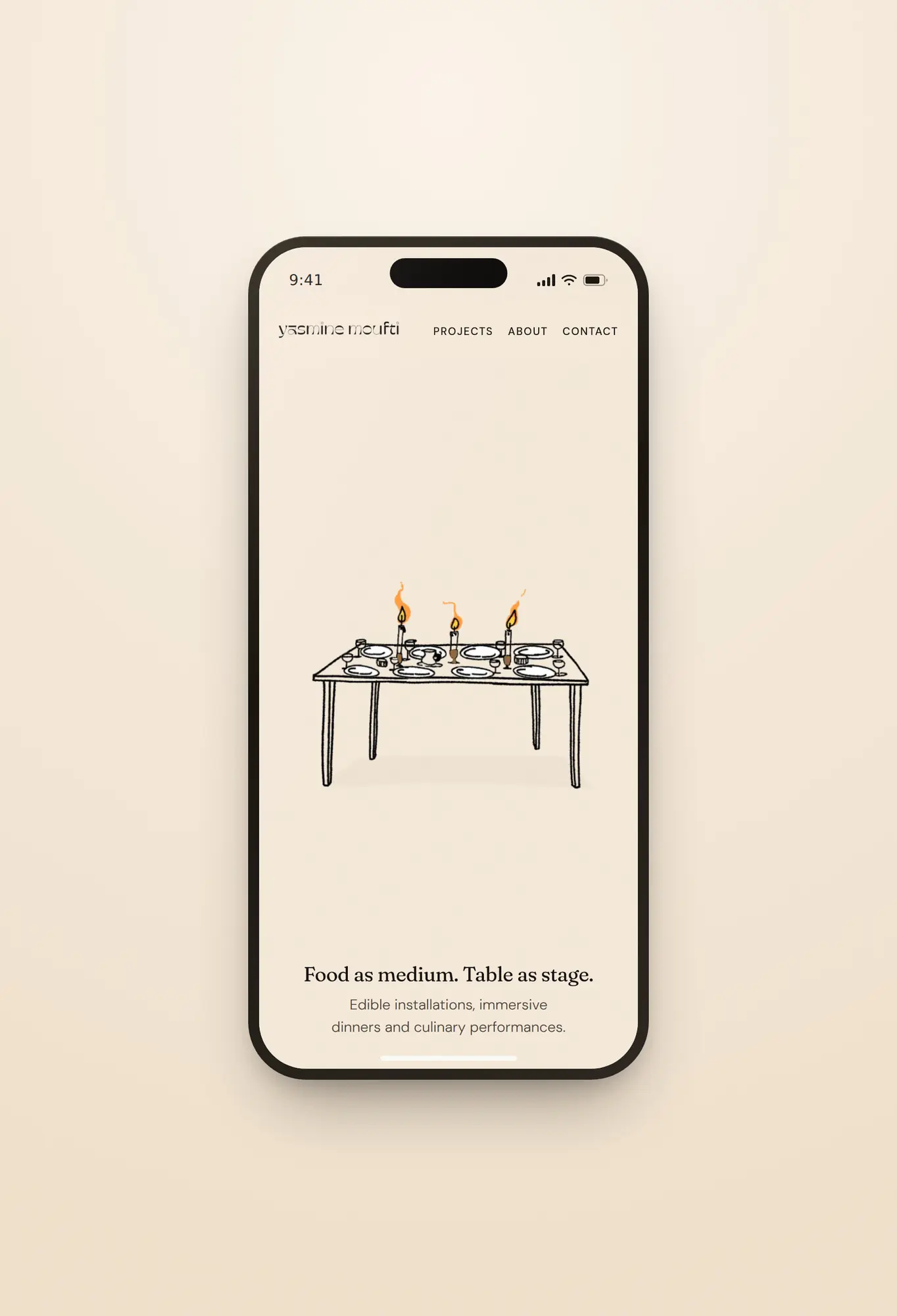 The home page on a phone, the table illustration scaled to a narrow screen