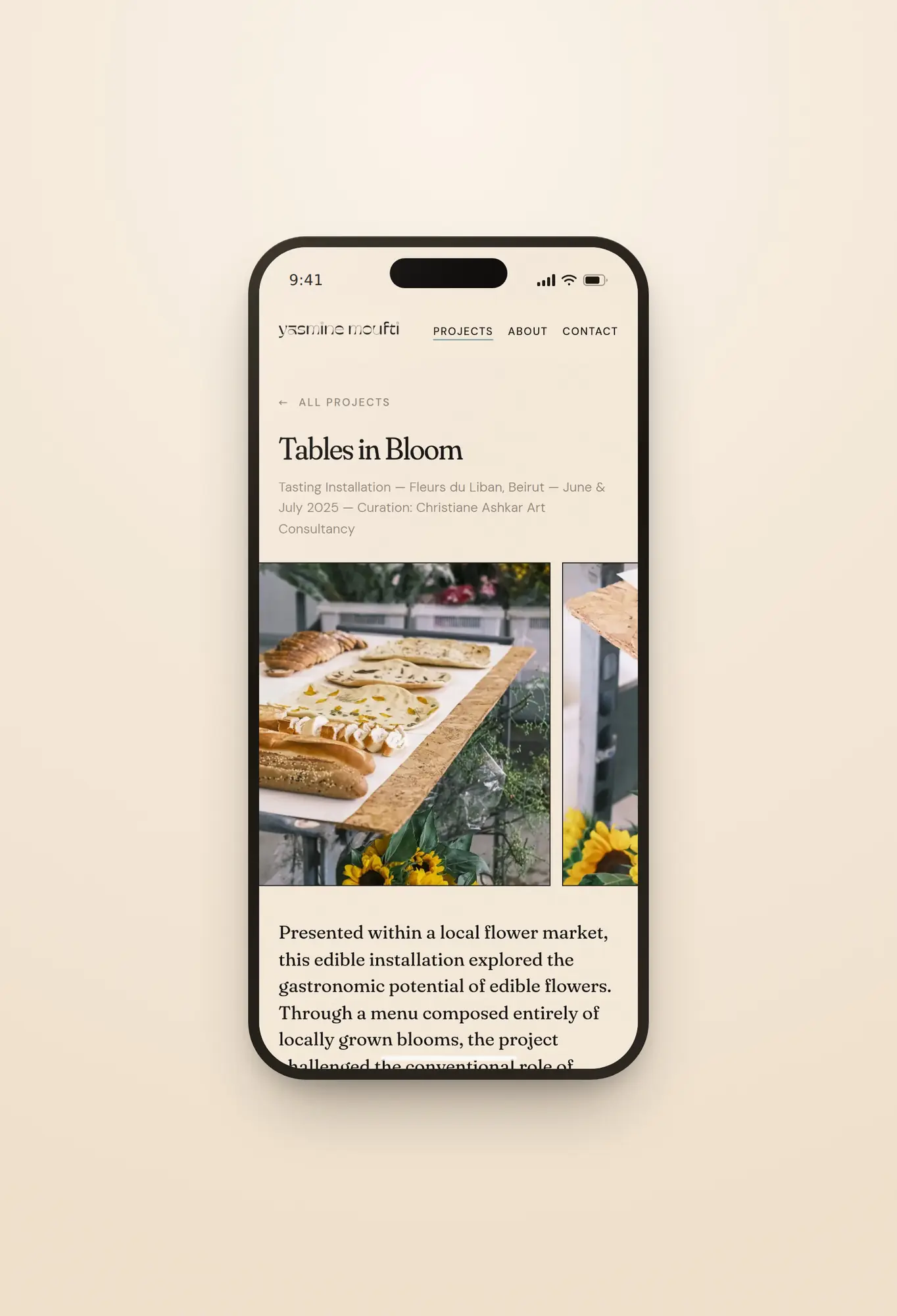 A project page on a phone, with full-width documentation photography